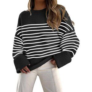 Women's Black White Stripe Oversized Long Sleeve Casual Fuzzy Knit Sweaters
